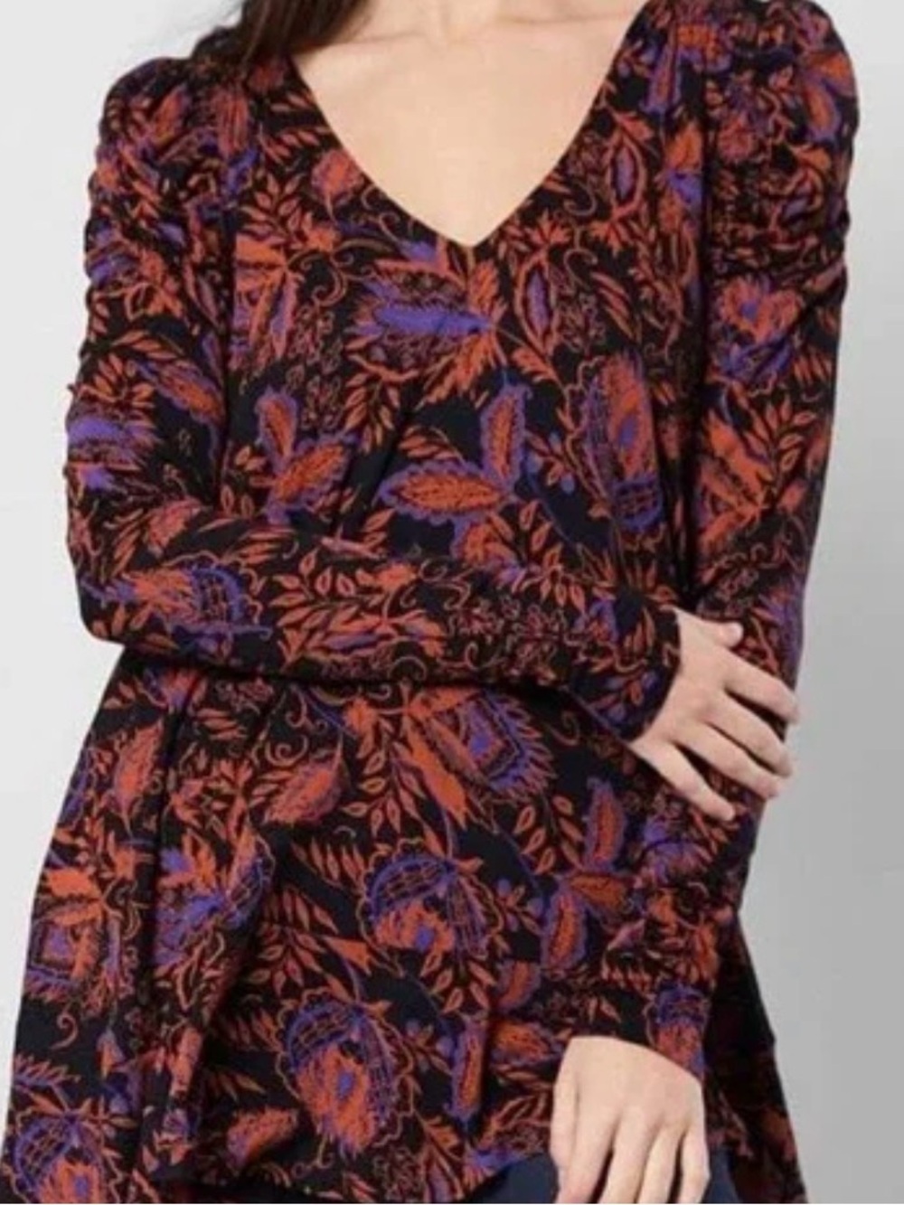 Free People Black Floral V-Neck Blouse with Orange and Purple Print